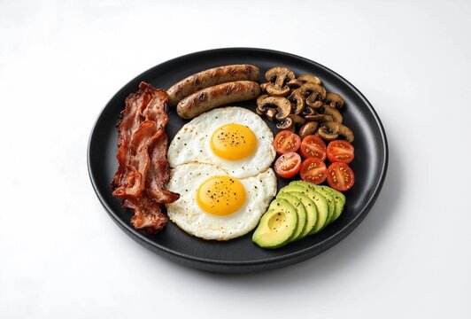 Full english breakfast platter with fried eggs bacon sausages avocado and roasted mushrooms on a black plate
