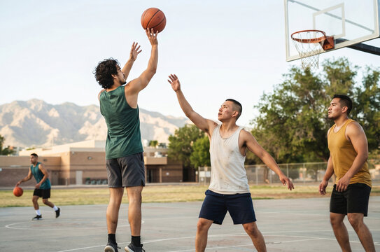 Men Playing Basketball Outdoor Court Streetball Game Action Sports Concept