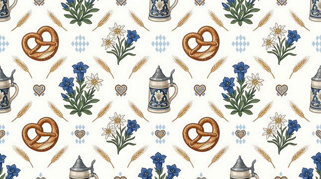 Oktoberfest seamless pattern with pretzels, beer steins, and alpine flowers on white.