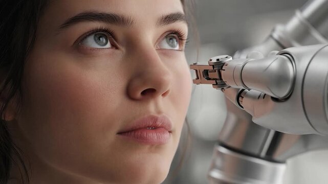 Robotic arm performing rhinoplasty surgery on a woman's face in a futuristic clinic with advanced ai technology