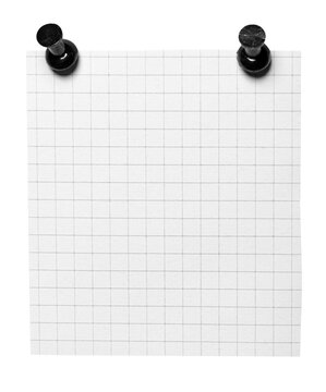 Isolated pinned checkered graph recycled rough paper memo note with pins or thumbtacks with squares or grid pattern, rough fiber texture transparent png background design element