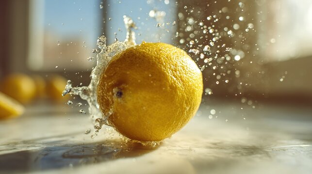 sudden. Fresh lemon being squeezed with droplets of juice caught mid-air. menu design, packaging mockups, designed for food delivery and cloud-kitchen brand materials, used by architects.