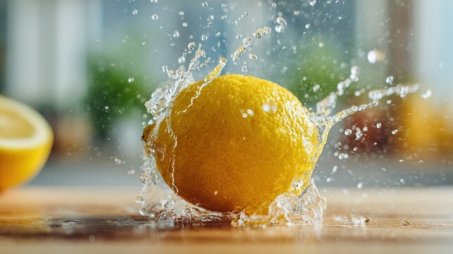 sudden. Fresh lemon being squeezed with droplets of juice caught mid-air. menu design, packaging mockups, designed for food delivery and cloud-kitchen brand materials, used by architects.
