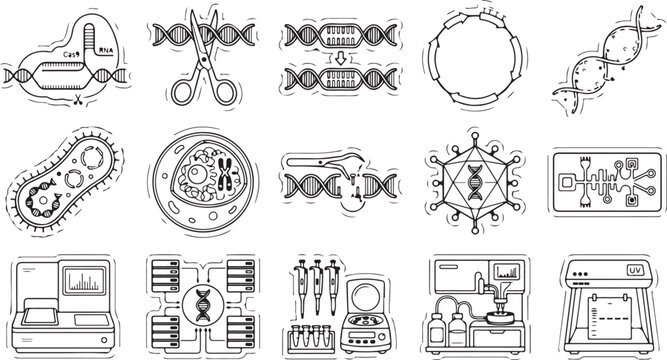 Gene editing and molecular biology outline vector set featuring CRISPR technology and laboratory research icons