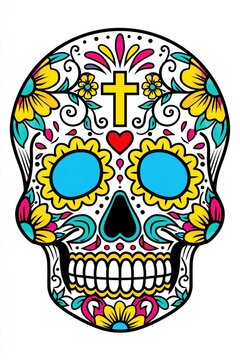 Vibrant Ornate Mexican-Inspired Death Mask with Cross Heart and Floral Details on White