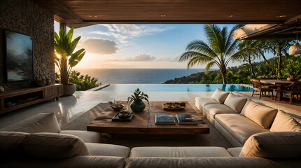 Fototapeta premium Luxury villa living room with infinity pool and ocean view at sunset