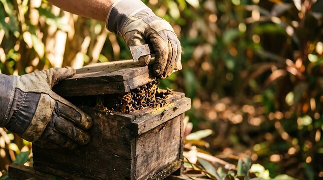 Beekeeper wearing gloves opens a wooden beehive with bees inside