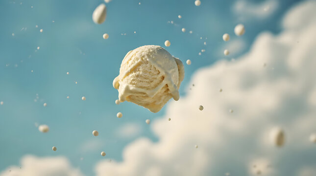 Scoop of vanilla ice cream floating in sky with droplets