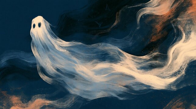 Ethereal white ghost floating in dark night sky with smoky trail abstract Halloween painting illustration.