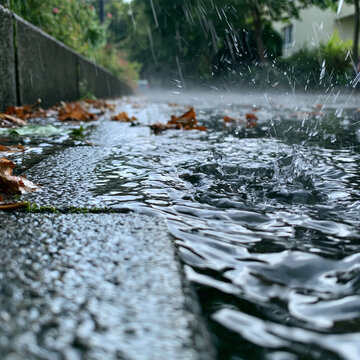 Regen prasselt auf nassen Gehweg mit Herbstlaub, spritzendes Wasser auf gepflasterter Stra&szlig;e, f&uuml;r Wetter- und Herbstthemen.