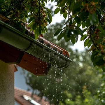 Regenwasser tropft von einer Dachrinne mit rotem Ziegeldach, umgeben von gr&uuml;nen Bl&auml;ttern, f&uuml;r Wetter- und Hausthemen.
