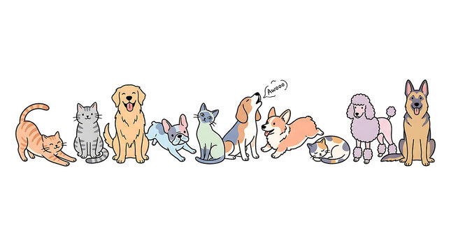 Cute cat and dog vector characters set, diverse pet breeds illustration for design projects