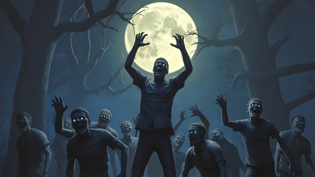 A group of scary zombies rising from the ground in a dark forest during a spooky halloween full moon night
