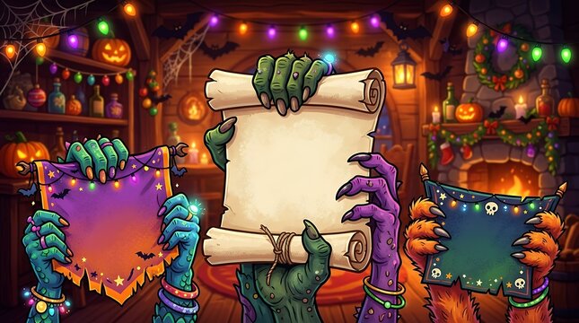 Spooky cartoon monster hands holding blank banners and parchment scrolls for holiday celebration designs halloween monsters hands banners vampire werewolf skeleton zombie cartoon scroll parchment