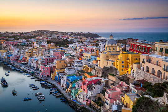 Procida, Italy old town skyline in the Mediterranean Sea