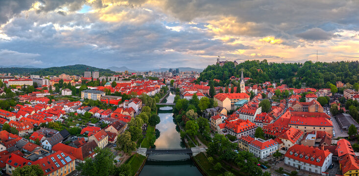 Ljubljana, Slovenia aerial view of the Ljublanica River