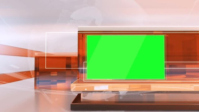 3D Virtual Studio Desk Loop with Green Screen Monitor Placeholder and Modern Orange Glass Graphics Backdrop