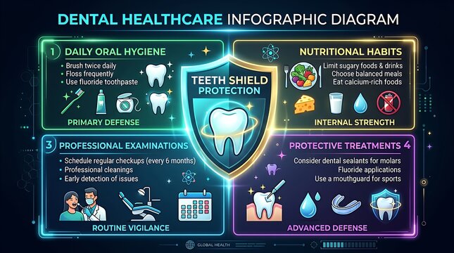 Dental Healthcare Infographic Diagram Featuring Teeth Shield Protection s in 4 Point Quadrant Grid Frame Background dental infographic diagram teeth shield protection quadrant structure dark