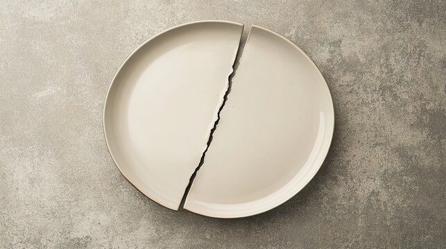 division. A ceramic plate with a clean crack, on a minimalist table. menu design, packaging mockups, designed for food delivery and cloud-kitchen brand materials, used by customer success managers.