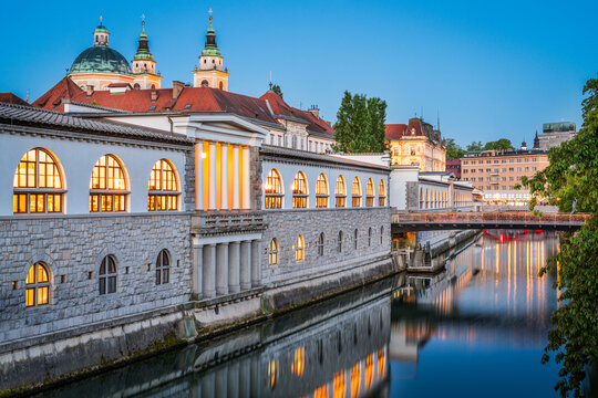Ljubljana, Slovenia With Historic Architecture at Blue Hour