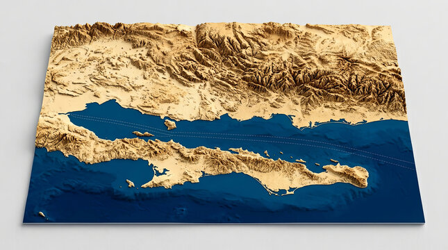 3D relief map of coastal terrain and sea floor topography design