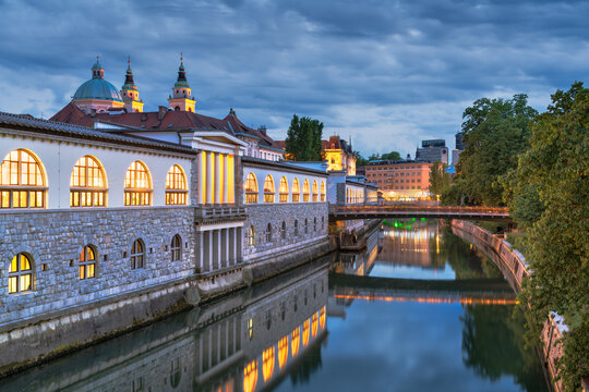 Ljubljana, Slovenia With Historic Architecture at Blue Hour