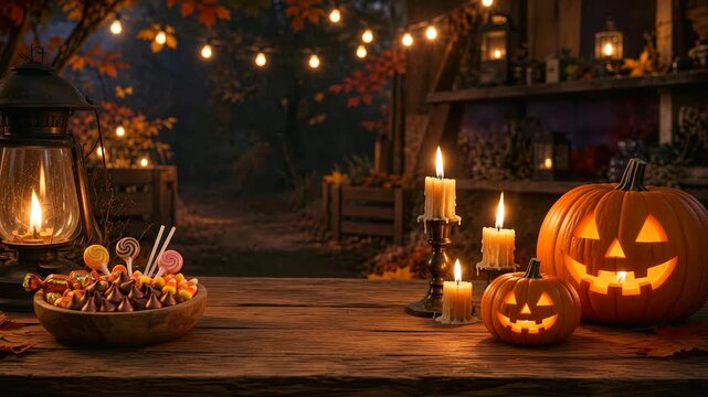 Glowing Halloween pumpkins with candles, lantern and candy bowl on wooden table