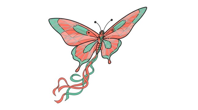 Butterfly Kite Flying Lattice Texture Ribbon Tail &mdash; Coral Jade Bold Flat Vector