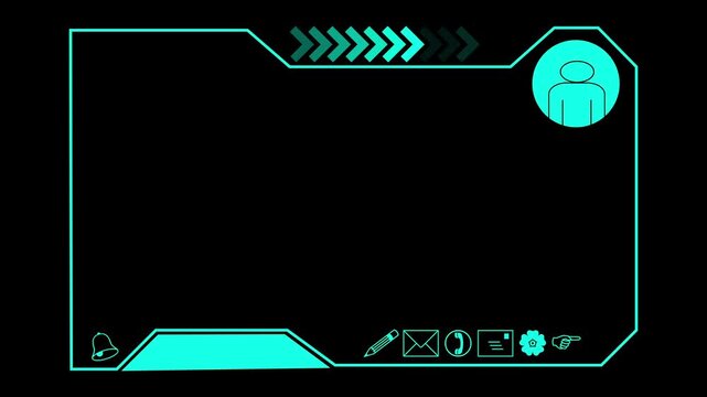 Cyan futuristic UI frame features user, bell, and tool menu icons. Digital application control borders outline the futuristic UI frame. High tech dashboard screens use this futuristic UI frame.