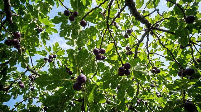 Ripe purple figs hanging from a leafy fig tree branches against a bright blue sky fruit dark purple