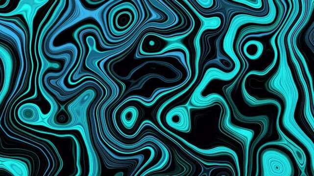 Abstract liquid fluid marble background with dynamic blue and cyan neon swirling waves on black
