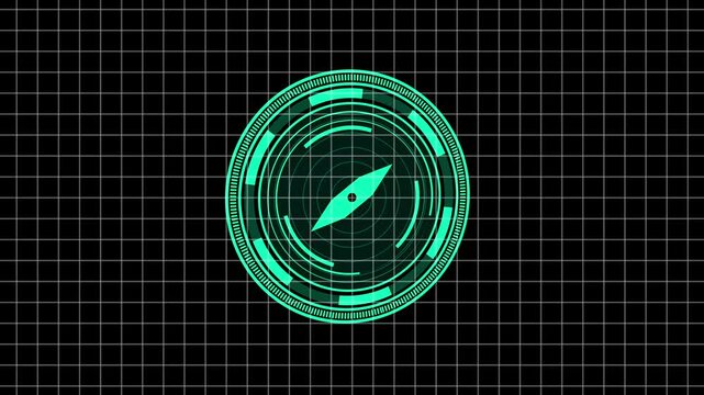 Cyan holographic compass navigates coordinates on a digital grid. High tech orientation telemetry guides the holographic compass. Modern cyber tracking routes on the holographic compass.