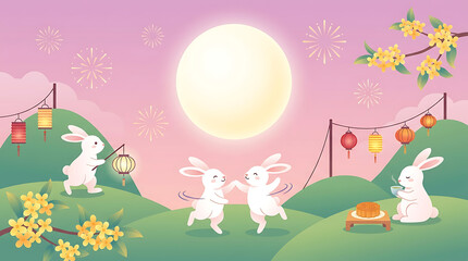 Naklejka premium Mid-Autumn Festival illustration with cute rabbits celebrating under a full moon.