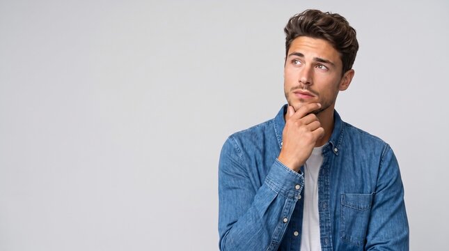 Pensive thoughtful contemplating young man thinking about future, planning new startup looking upwards isolated in white background