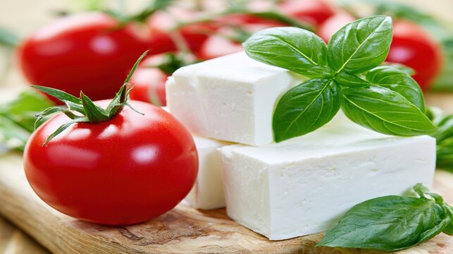 basil. Still life of tomatoes, basil, and cheese on a wooden board. menu design, packaging mockups, designed for culinary blogs and recipe cards for restaurants, supports restaurant marketing.