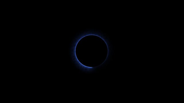 Abstract solar eclipse with glowing blue neon ring corona effect on black background