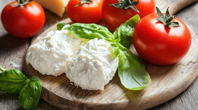 basil. Still life of tomatoes, basil, and cheese on a wooden board. menu design, packaging mockups, designed for culinary blogs and recipe cards for restaurants, supports restaurant marketing.