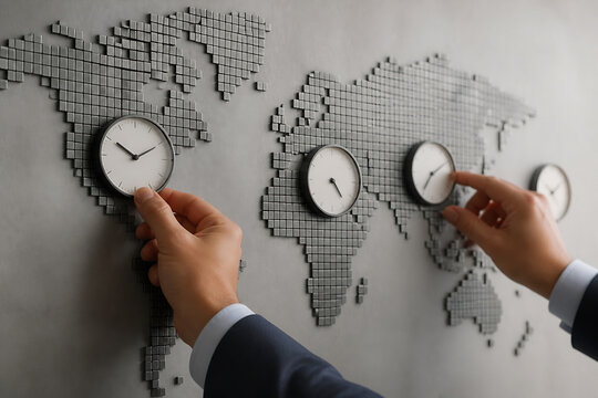 Hands are interacting with a large, grid-like world map featuring three clocks at different time zones.