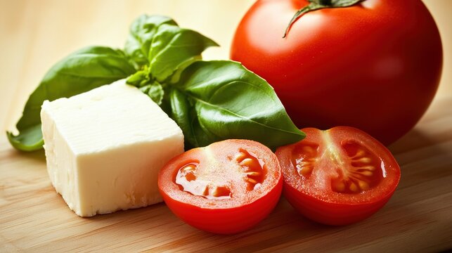 basil. Still life of tomatoes, basil, and cheese on a wooden board. menu design, packaging mockups, designed for culinary blogs and recipe cards for restaurants, supports restaurant marketing.
