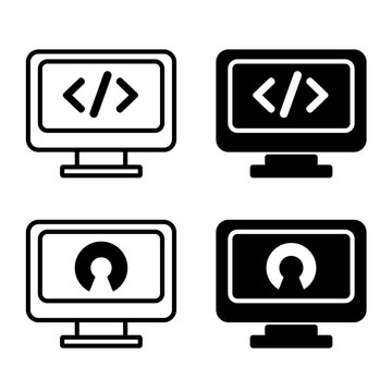 Open source and web development computer monitor icon set. Code brackets and open-source logo vector collection.