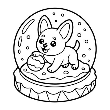 Cute Kawaii Australian Kelpie Puppy in Snow Globe Coloring Page for Kids