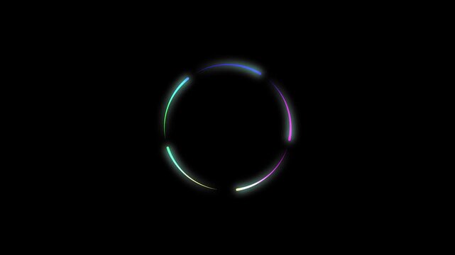 Abstract glowing circle displays vibrant neon color segments. Modern digital target reticle graphics form the glowing circle. Sleek ambient cyber motion animates this abstract glowing circle.