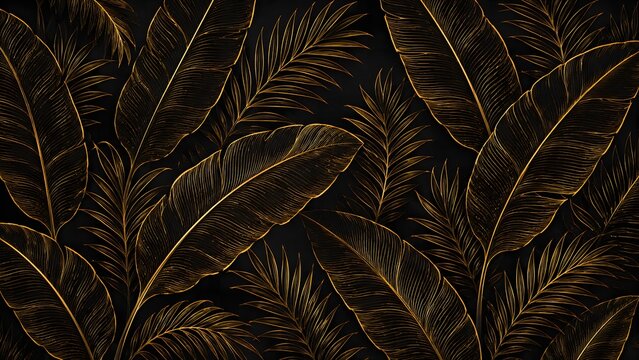 Tropical leaf Wallpaper, Luxury nature leaves pattern design, Golden banana leaf line arts, Hand drawn outline design for fabric , print, cover, banner and invitation, Vector illustration.
