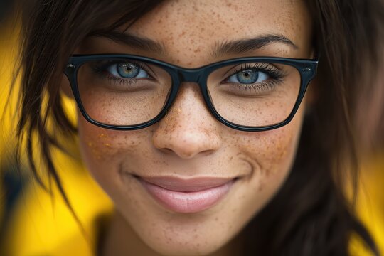 confident businesswoman with glasses and freckles