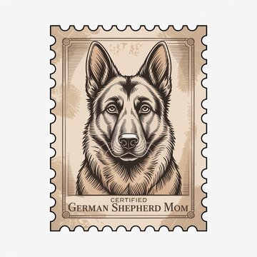 Vintage postage stamp featuring an illustrated German Shepherd dog portrait