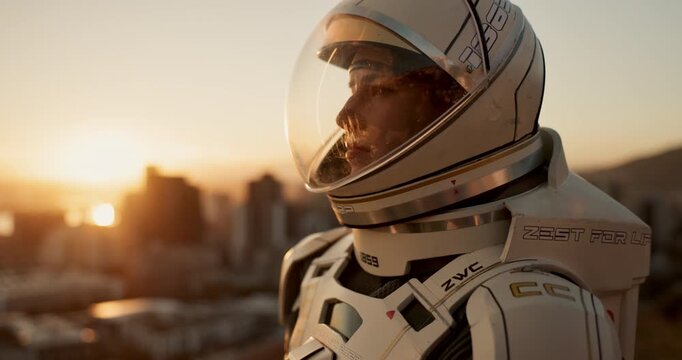Space, travel and astronaut in city with suit, future dystopia and planet for discovery. Earth, aerospace mission and person in helmet on urban adventure for research, science and sci fi universe