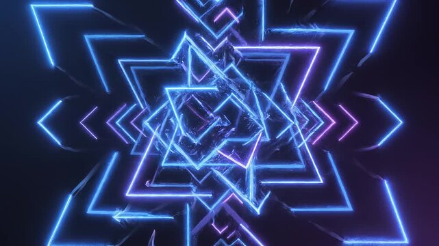 Abstract geometric neon arrows forming kaleidoscopic patterns in dark space with subtle motion blur