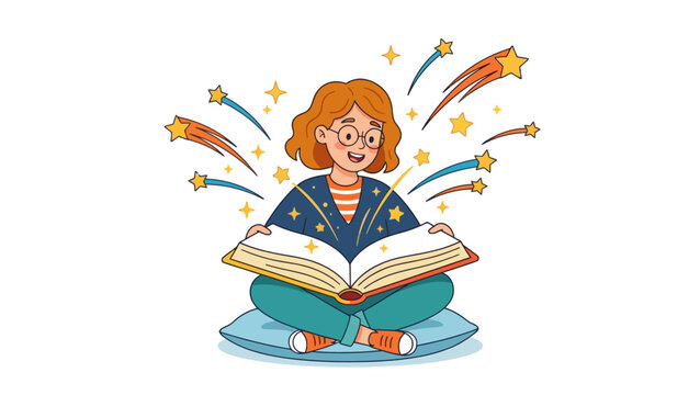 Little girl reading magic book with shooting stars