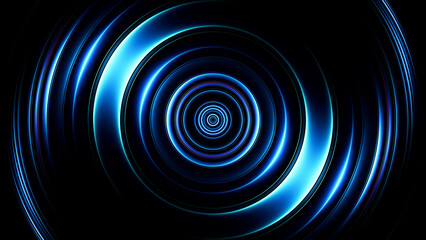 Naklejka premium Blue neon singularity forming deep abstract circular vortex in dark space for technology concept. Glowing curved 3d lines spiral inward creating sense of motion and infinity for innovation visuals