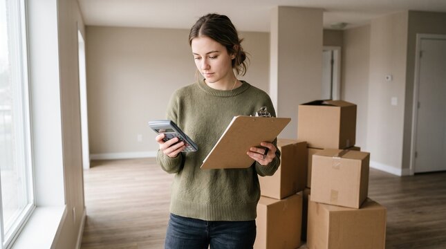 Young renter estimating moving and setup costs in an unfurnished apartment, beginner budgeting with boxes, calculator and blank checklist, financial preparation concept